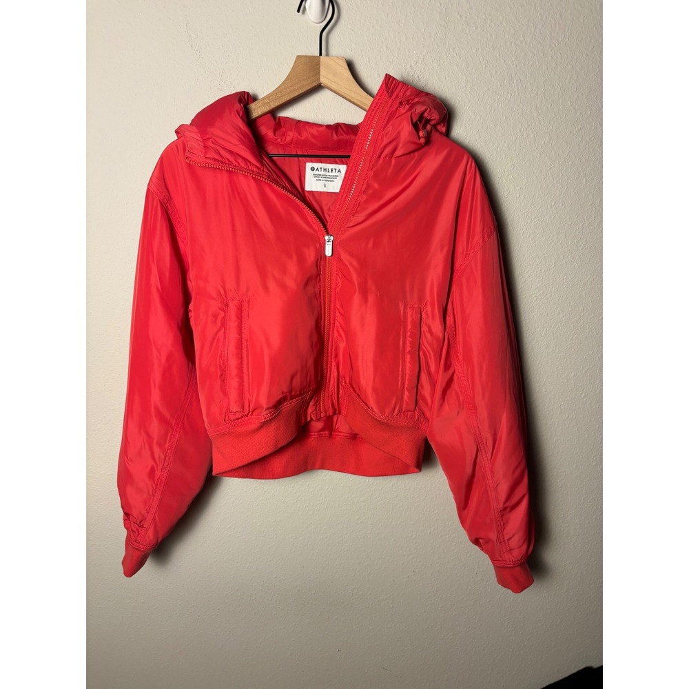 Athleta Lucent Bomber Jacket Punch Red Hooded Full Zip Large 558436